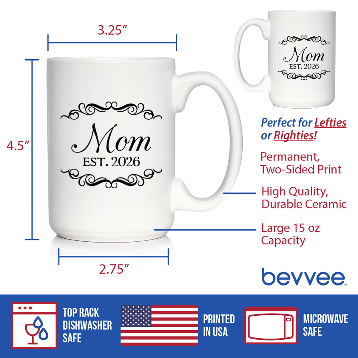 Mom Est 2026 - Coffee Mug - New Mother Gift for First Time Parents - Decorative White Ceramic Coffee Cup
