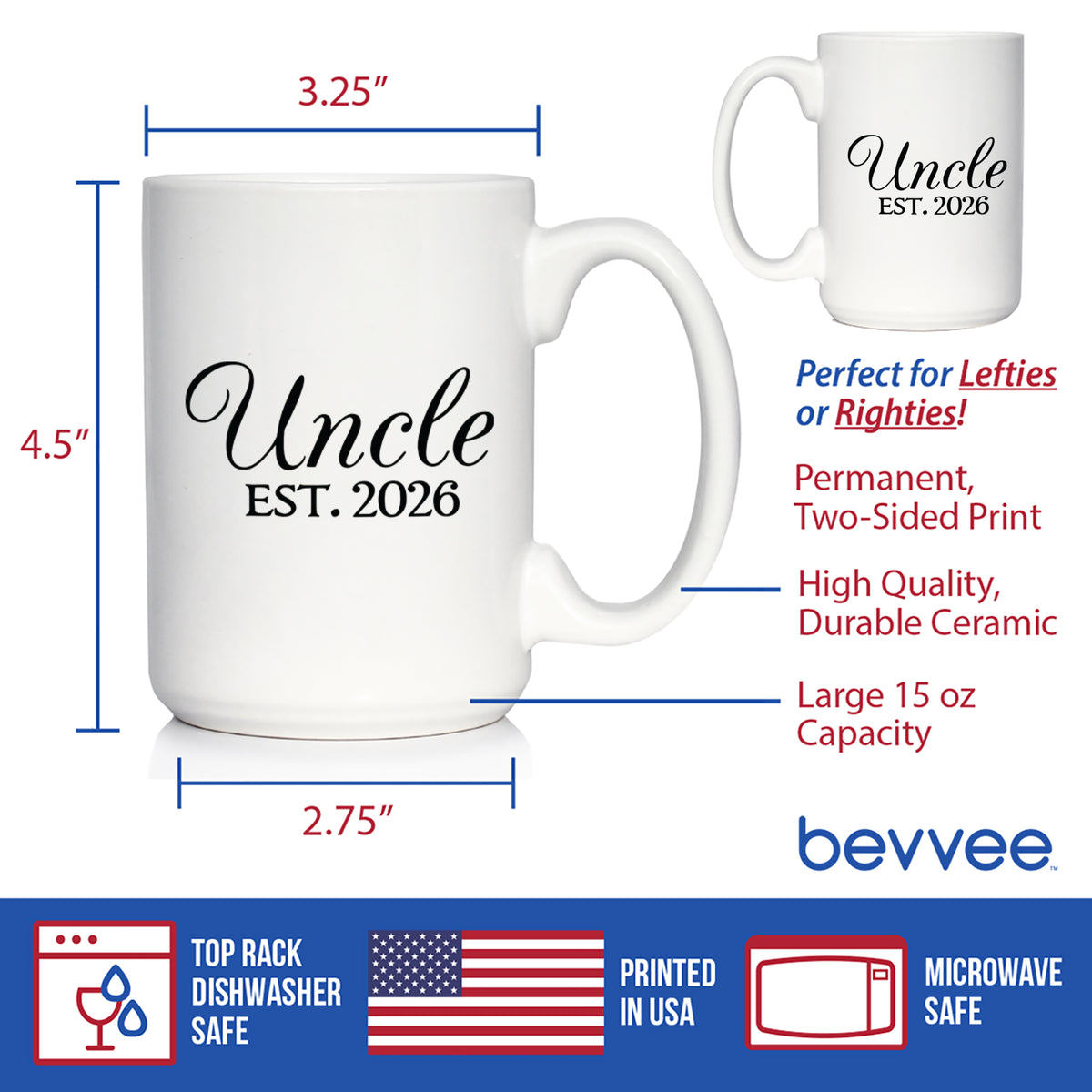 Uncle Est 2026 - Coffee Mug - New Uncle Gift for First Time Uncles - Decorative White Ceramic Coffee Cup