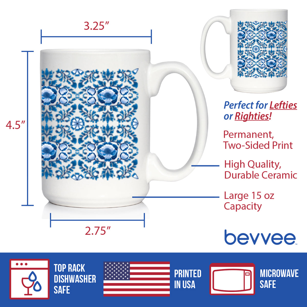 Delft Blue and White Coffee Mug Floral Dutch Pattern Gifts White Ceramic Coffee Cup