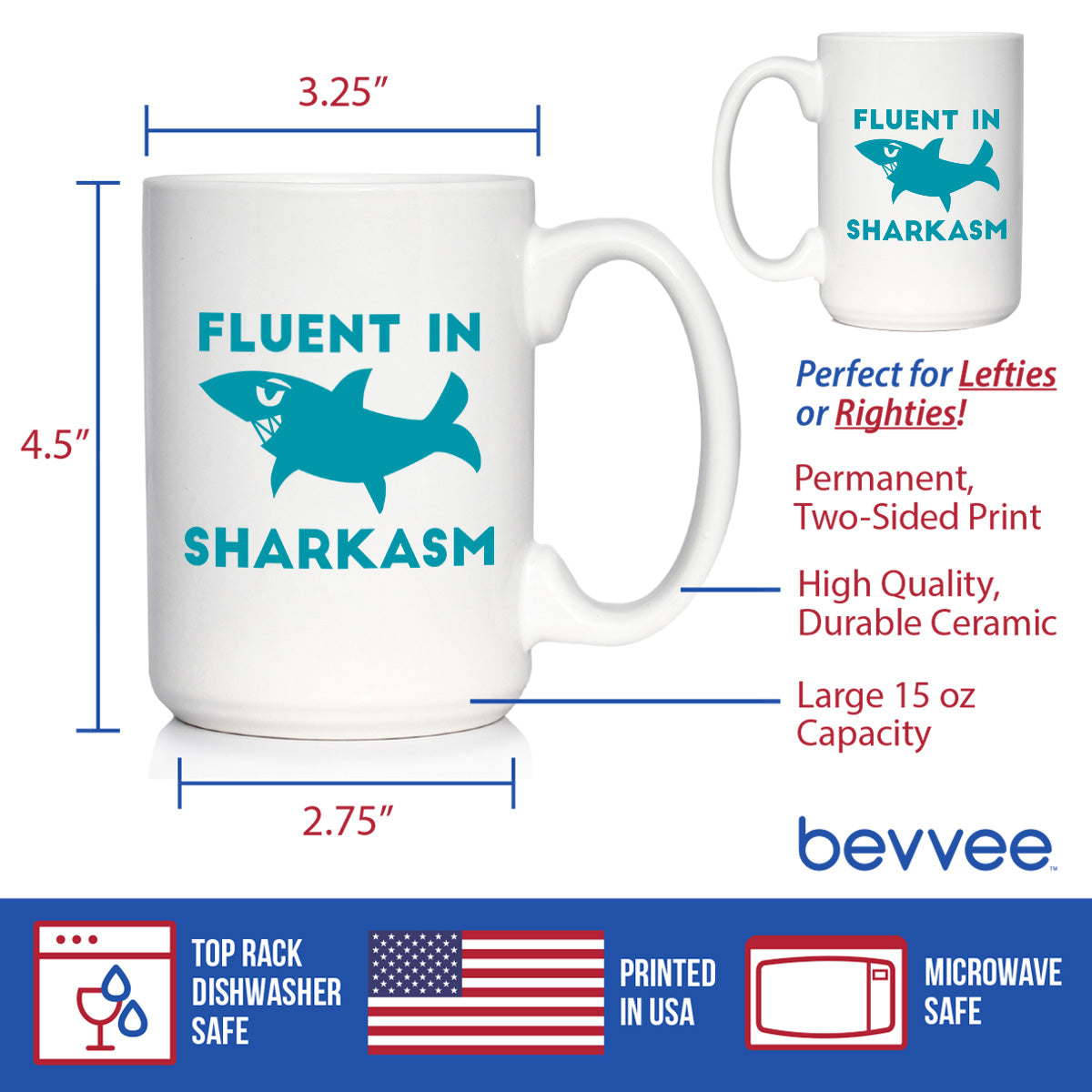 Fluent in Sharkasm - Shark Coffee Mug - Cute Funny Gifts for Sarcastic Moms or Dad Joke Lovers