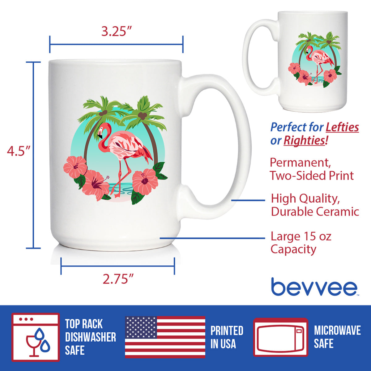 Tropical Flamingo Coffee Mug - Flamingo Gifts &amp; Decor - Large 15oz &amp; 11oz White Ceramic Mugs