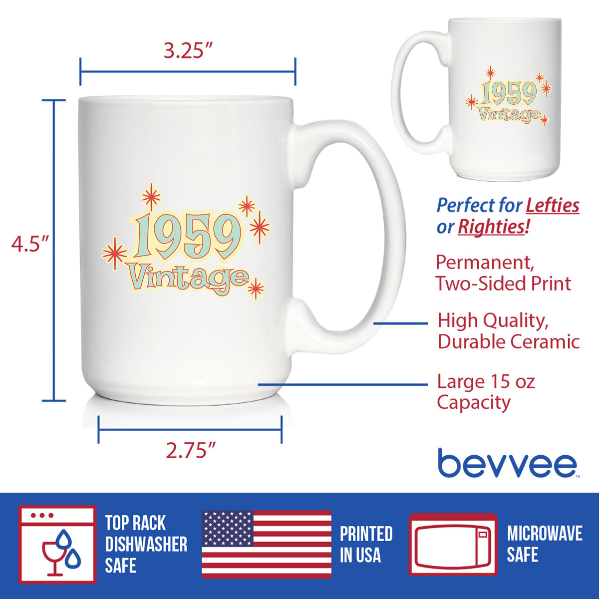 Vintage 1959 - Fun 65th Birthday Coffee Mug Gifts for Men &amp; Women Turning 65 - Retro Coffee Cups