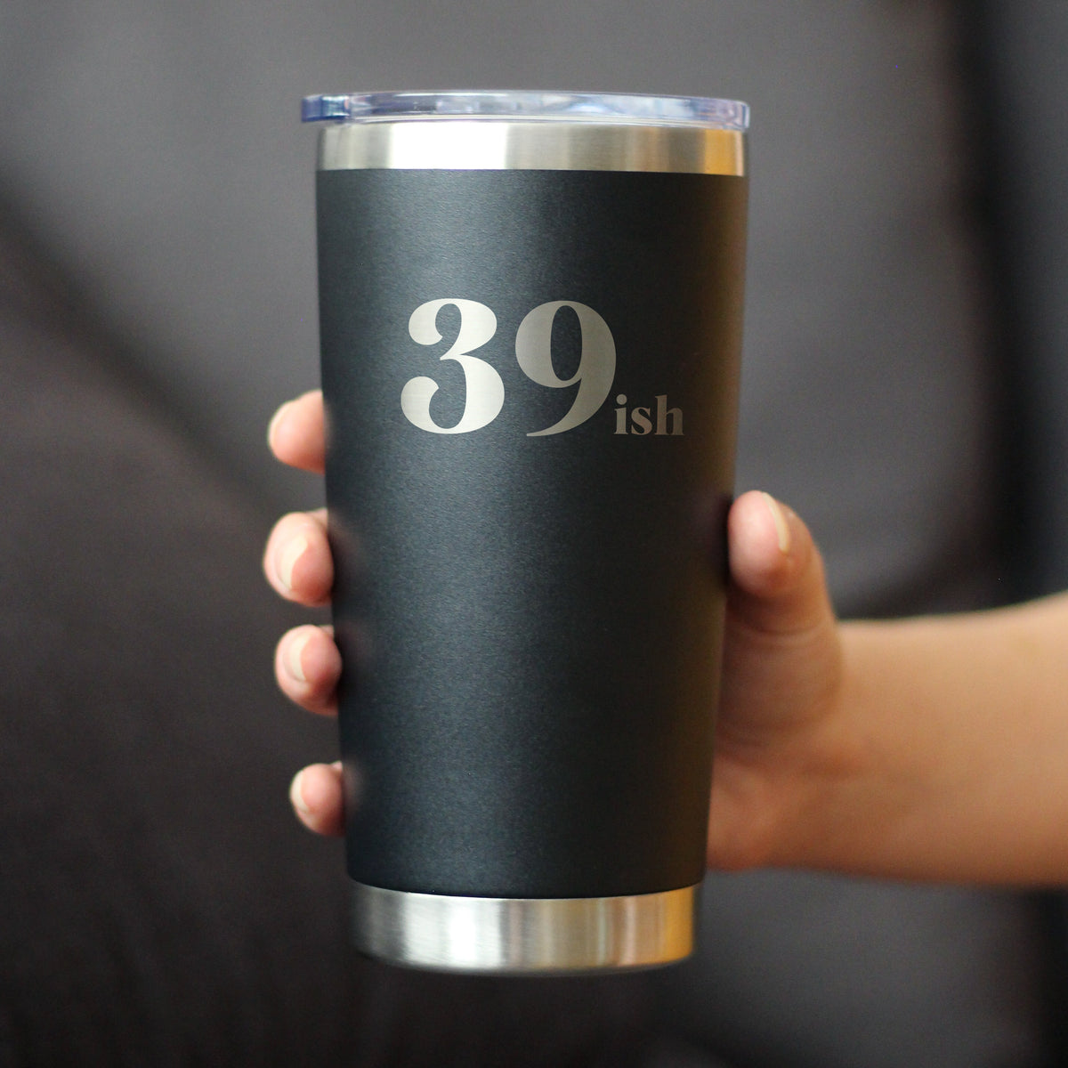39ish - Insulated Coffee Tumbler Cup with Sliding Lid - Funny 40th Birthday Gift for Women or Men Turning 40 - 20 oz