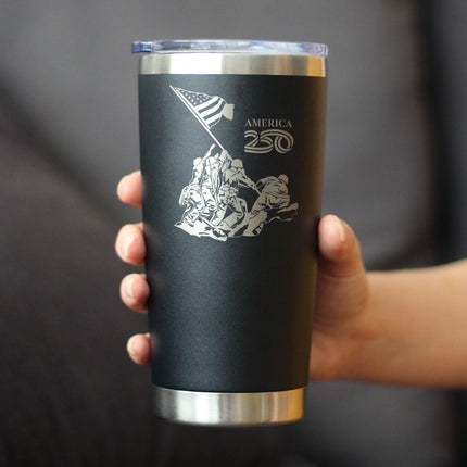 American 250 Raising the Flag on Iwo Jima Insulated Coffee Tumbler with Sliding Lid America250 Official for 250th Anniversary of the USA 20oz Stainless Steel Tumbler