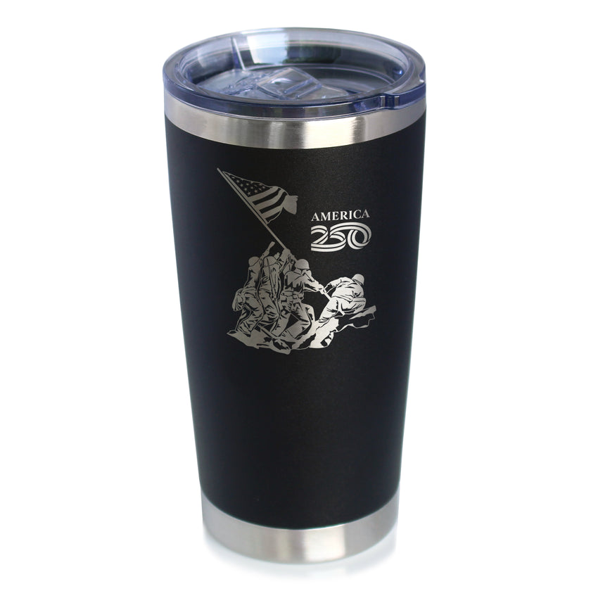 American 250 Raising the Flag on Iwo Jima Insulated Coffee Tumbler with Sliding Lid America250 Official for 250th Anniversary of the USA 20oz Stainless Steel Tumbler