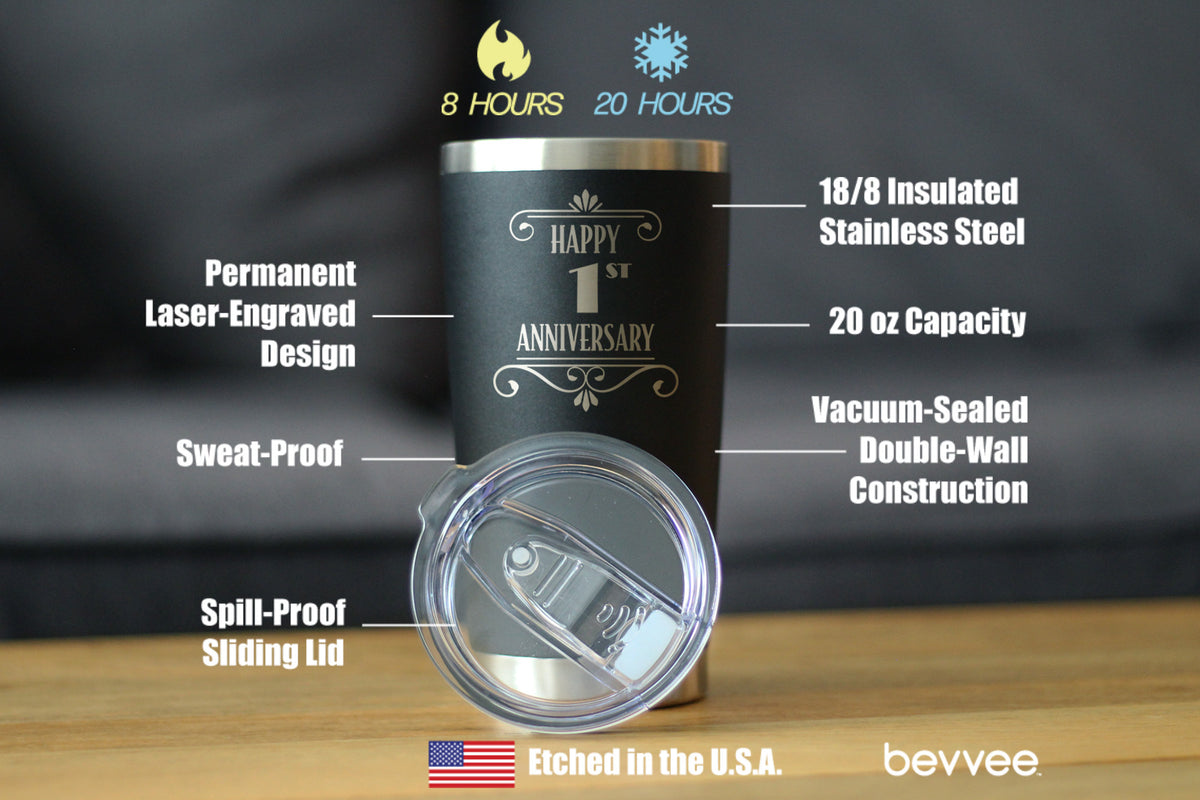 Happy 1st Anniversary Gifts Insulated Coffee Tumbler with Sliding Lid 1 Year Anniversary Art Deco Party Decor 20oz Stainless Steel Tumbler