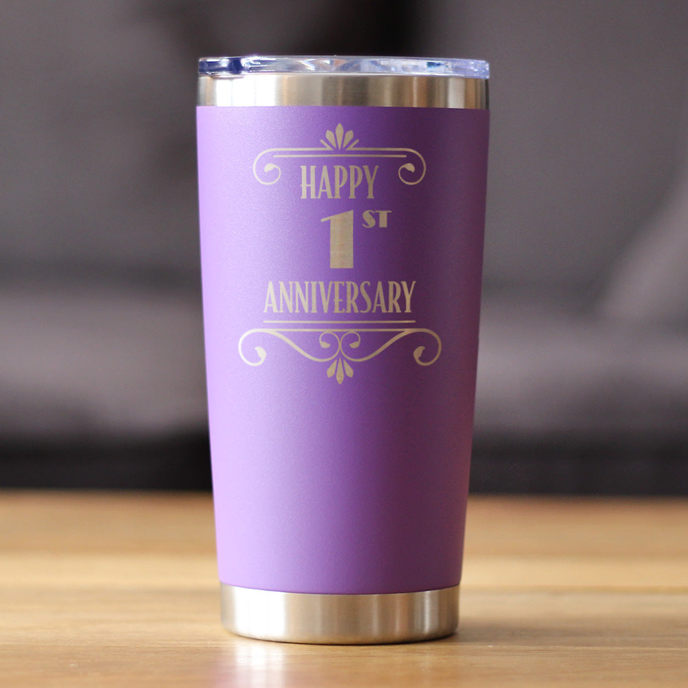 Happy 1st Anniversary Gifts Insulated Coffee Tumbler with Sliding Lid 1 Year Anniversary Art Deco Party Decor 20oz Stainless Steel Tumbler