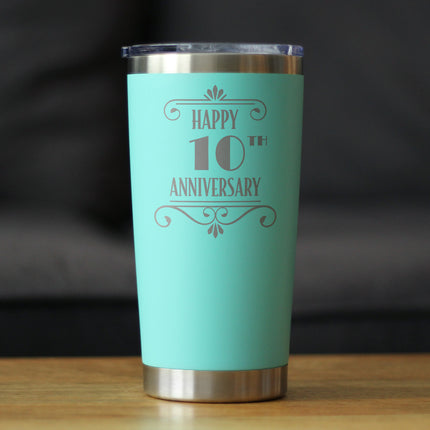 Happy 10th Anniversary Gifts Insulated Coffee Tumbler with Sliding Lid 10 Year Anniversary Art Deco Party Decor 20oz Stainless Steel Tumbler