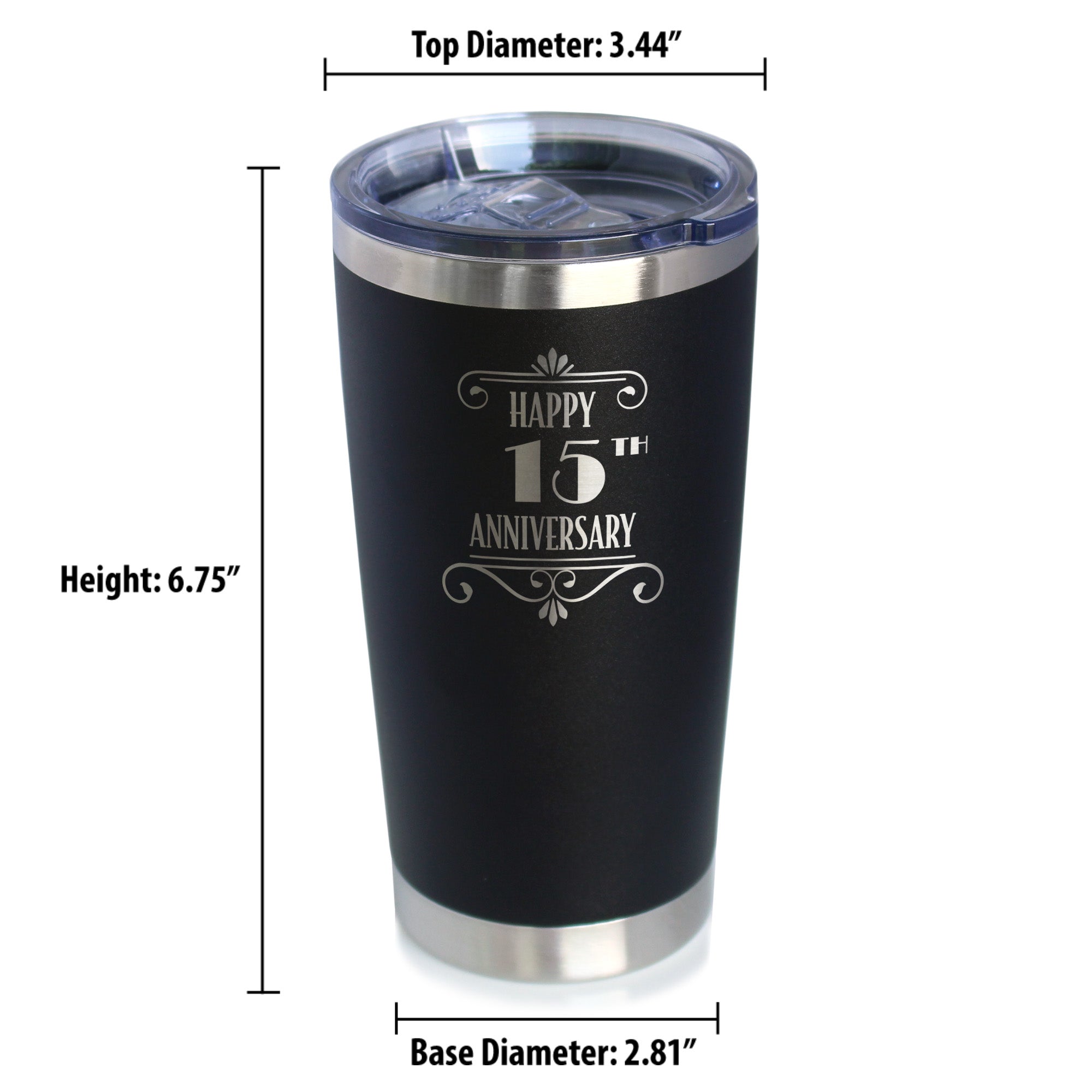 Happy 15th Anniversary Gifts Insulated Coffee Tumbler with Sliding Lid 15 Year Anniversary Art Deco Party Decor 20oz Stainless Steel Tumbler