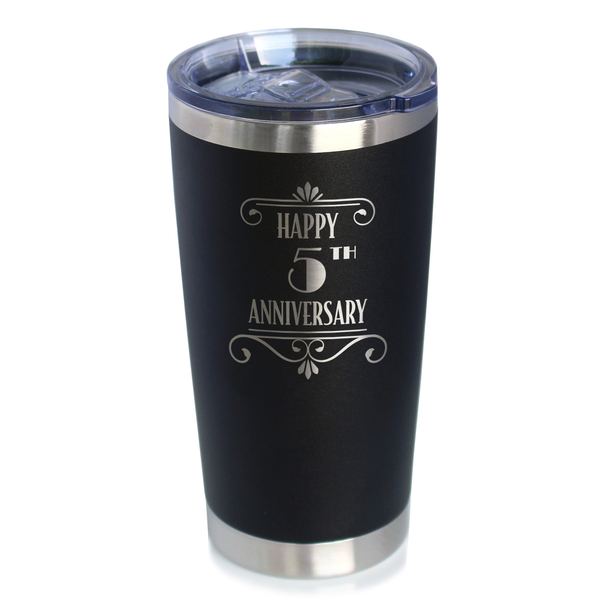 Happy 5th Anniversary Gifts Insulated Coffee Tumbler with Sliding Lid 5 Year Anniversary Art Deco Party Decor 20oz Stainless Steel Tumbler