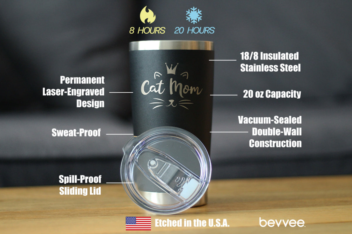 Cat Mom - Insulated Coffee Tumbler Cup with Sliding Lid - Stainless Steel Insulated Mug - Cute Gifts for Cat Lady