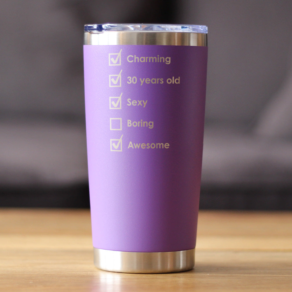 30th Birthday Checklist - Insulated Coffee Tumbler Cup with Sliding Lid - Stainless Steel Insulated Mug - Funny Gifts for Women and Men Turning 30