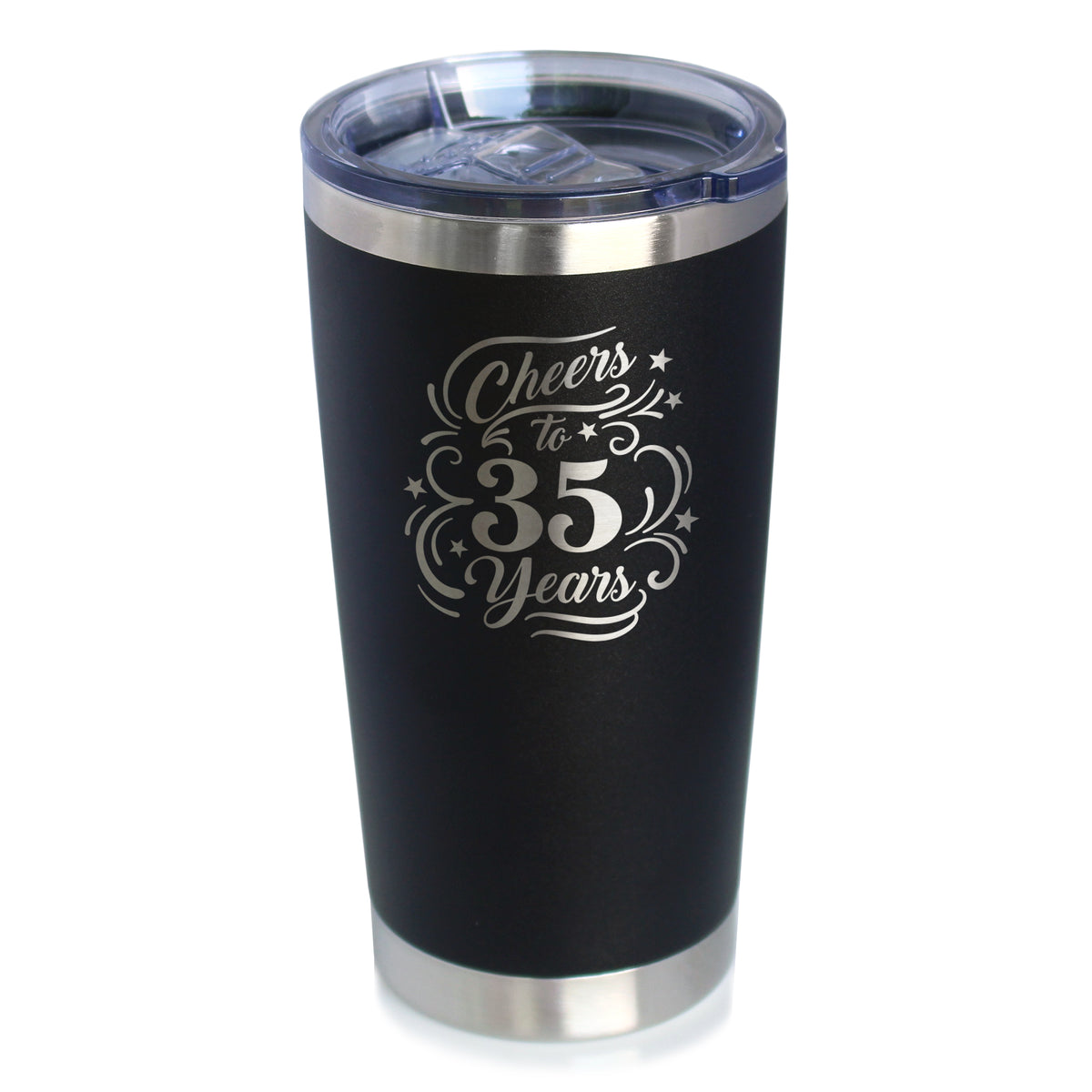 Cheers to 35 Years - Insulated Coffee Tumbler with Sliding Lid - 35th Anniversary or Birthday Party Decor - 20oz Stainless Steel Tumbler