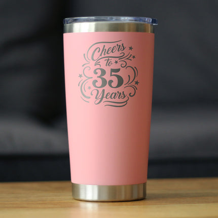 Cheers to 35 Years - Insulated Coffee Tumbler with Sliding Lid - 35th Anniversary or Birthday Party Decor - 20oz Stainless Steel Tumbler