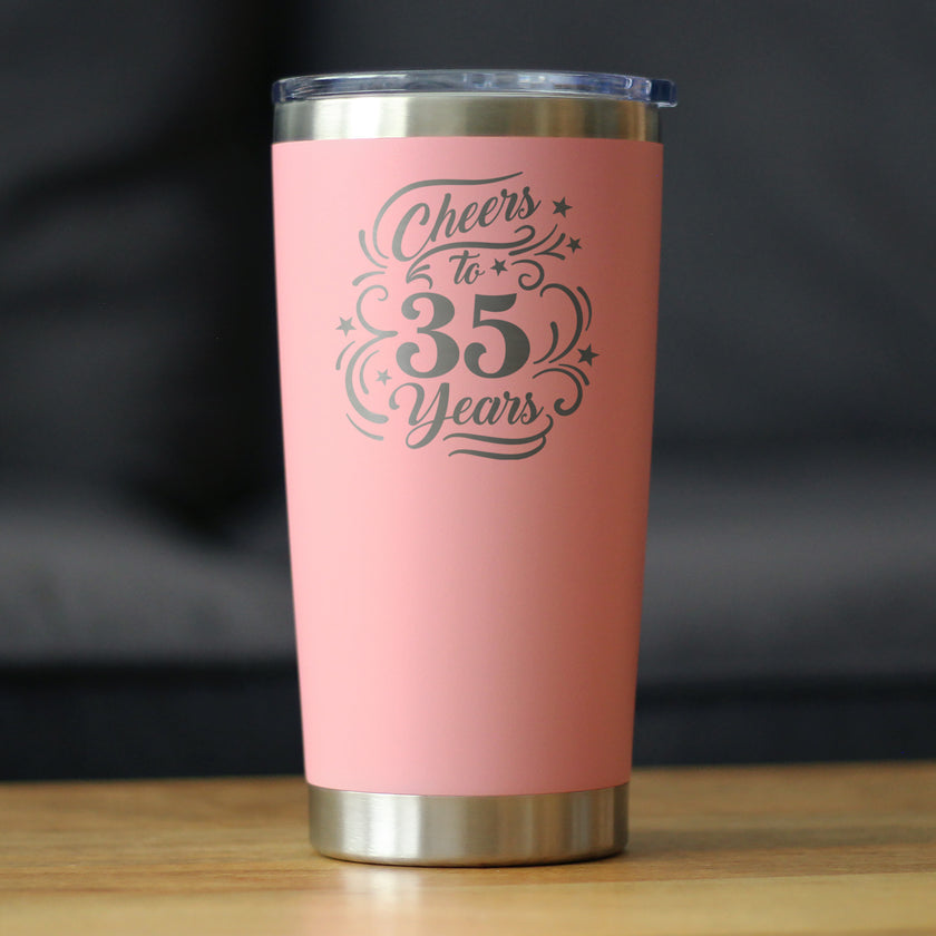 Cheers to 35 Years - Insulated Coffee Tumbler with Sliding Lid - 35th Anniversary or Birthday Party Decor - 20oz Stainless Steel Tumbler