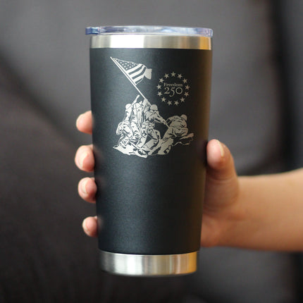 Freedom 250 Raising the Flag on Iwo Jima Insulated Coffee Tumbler with Sliding Lid Official Merch for 250th Anniversary of the USA 20oz Stainless Steel Tumbler