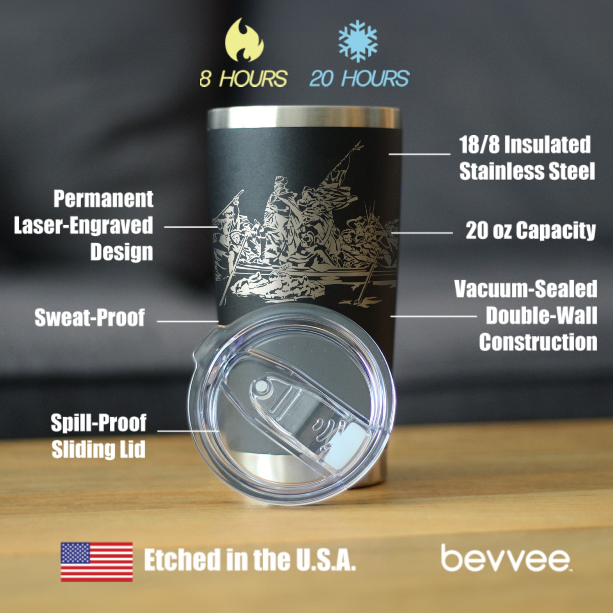 Freedom 250 Washington Crossing the Delaware Insulated Coffee Tumbler - 20oz Stainless Steel Tumbler Official USA 250th Anniversary Merch