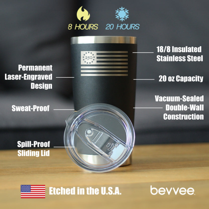 Freedom 250 Flag Logo Insulated Coffee Tumbler - 20oz Stainless Steel Tumbler Official USA 250th Anniversary Merch