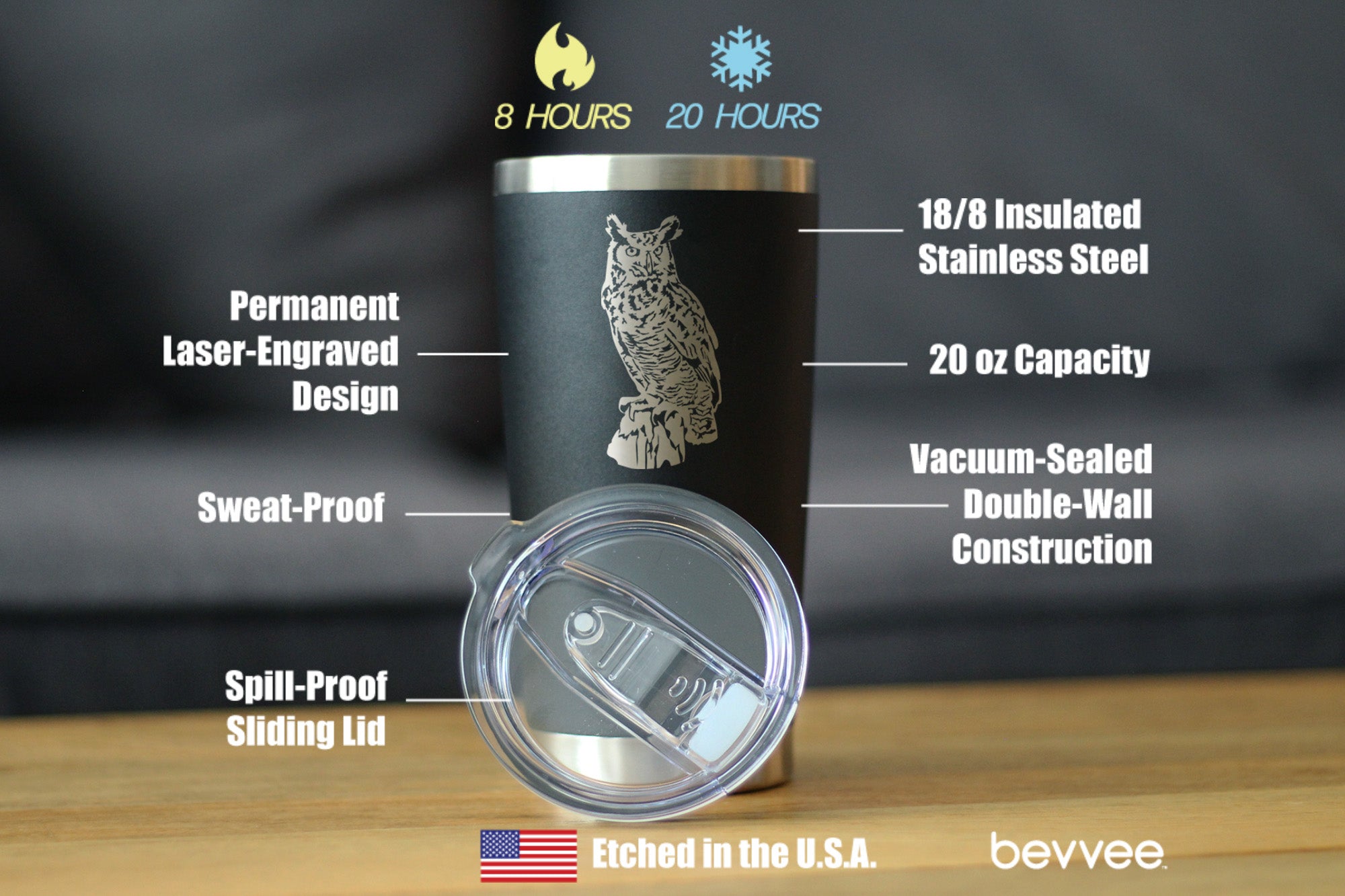 Great Horned Owl Insulated Coffee Tumbler with Sliding Lid Owl Decor and Bird Lover Gifts 20oz Stainless Steel Tumbler