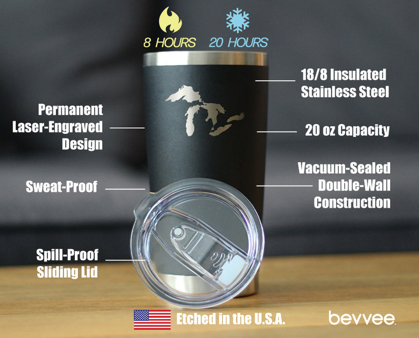 Great Lakes Maps - Insulated Coffee Tumbler Cup with Sliding Lid - Stainless Steel Insulated Mug - Cute Outdoor Camping Mug