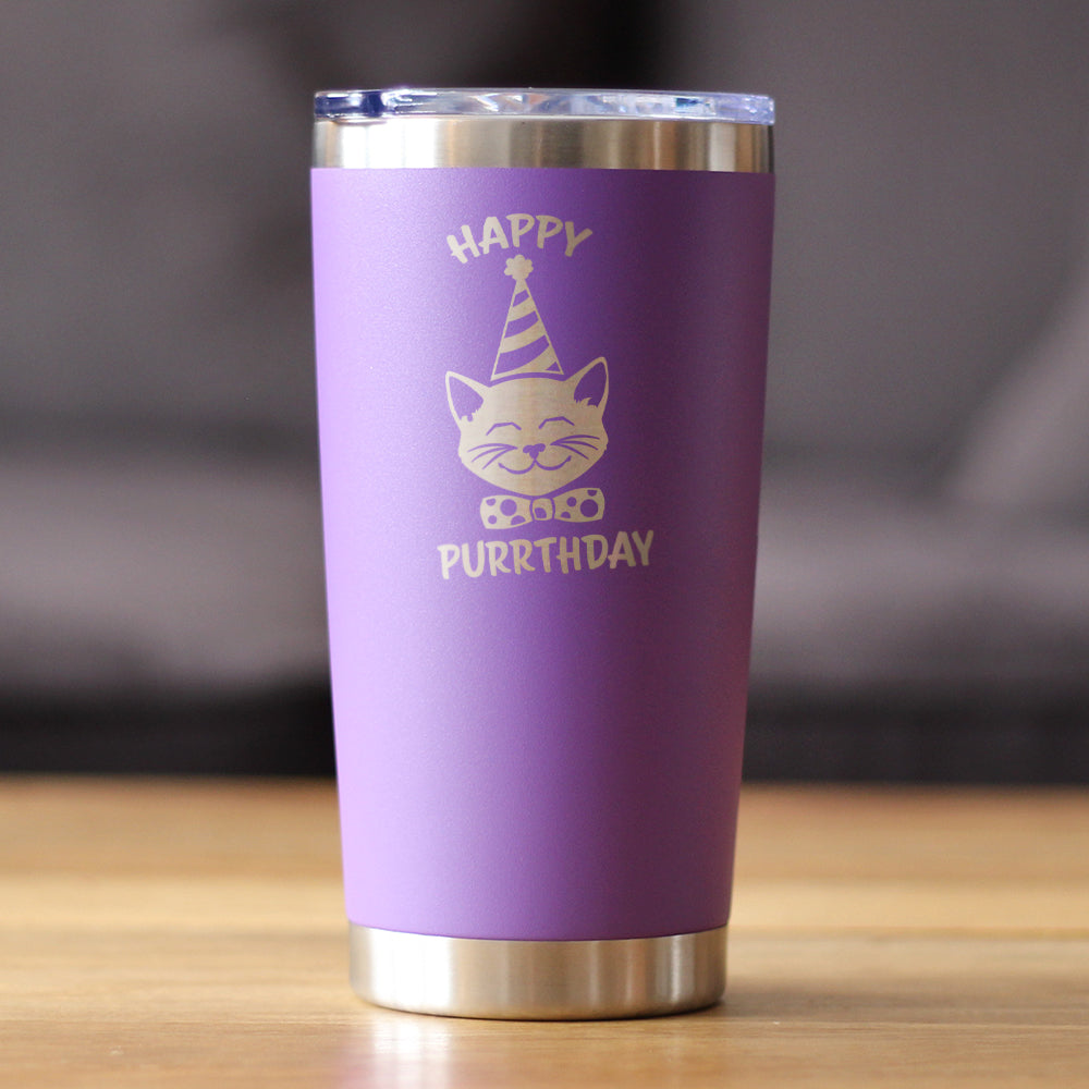 Happy Purrthday - Insulated Coffee Tumbler Cup with Sliding Lid - Stainless Steel Travel Mug - Unique Cat Birthday Gifts for Women and Men