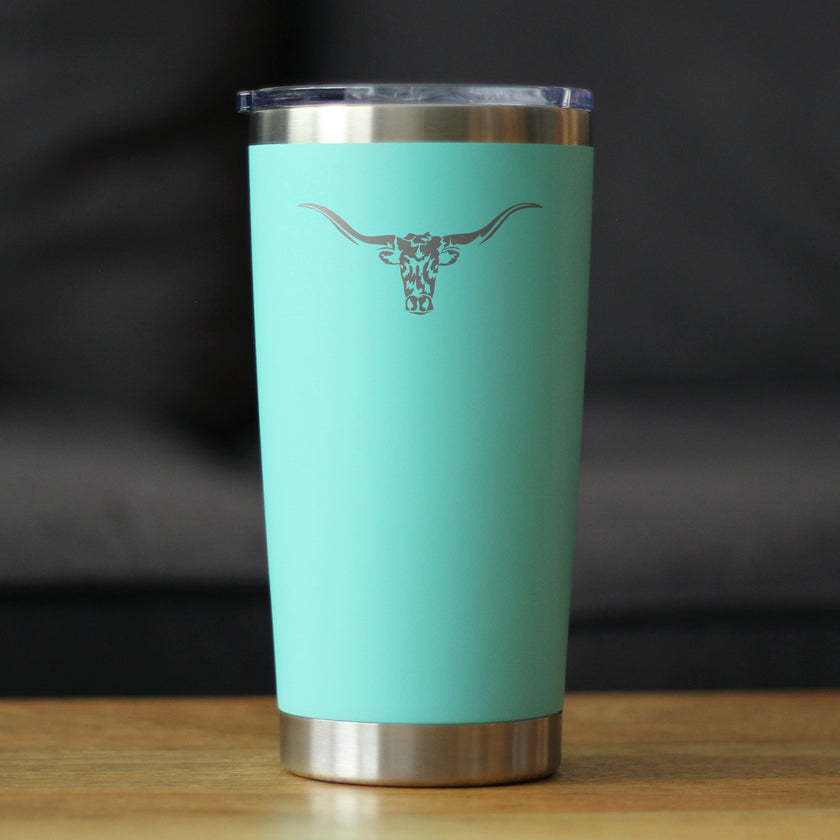 Longhorn - Insulated Coffee Tumbler Cup with Sliding Lid - Stainless Steel Insulated Mug - Western Themed Farm Decor and Gifts for Texan Ranchers