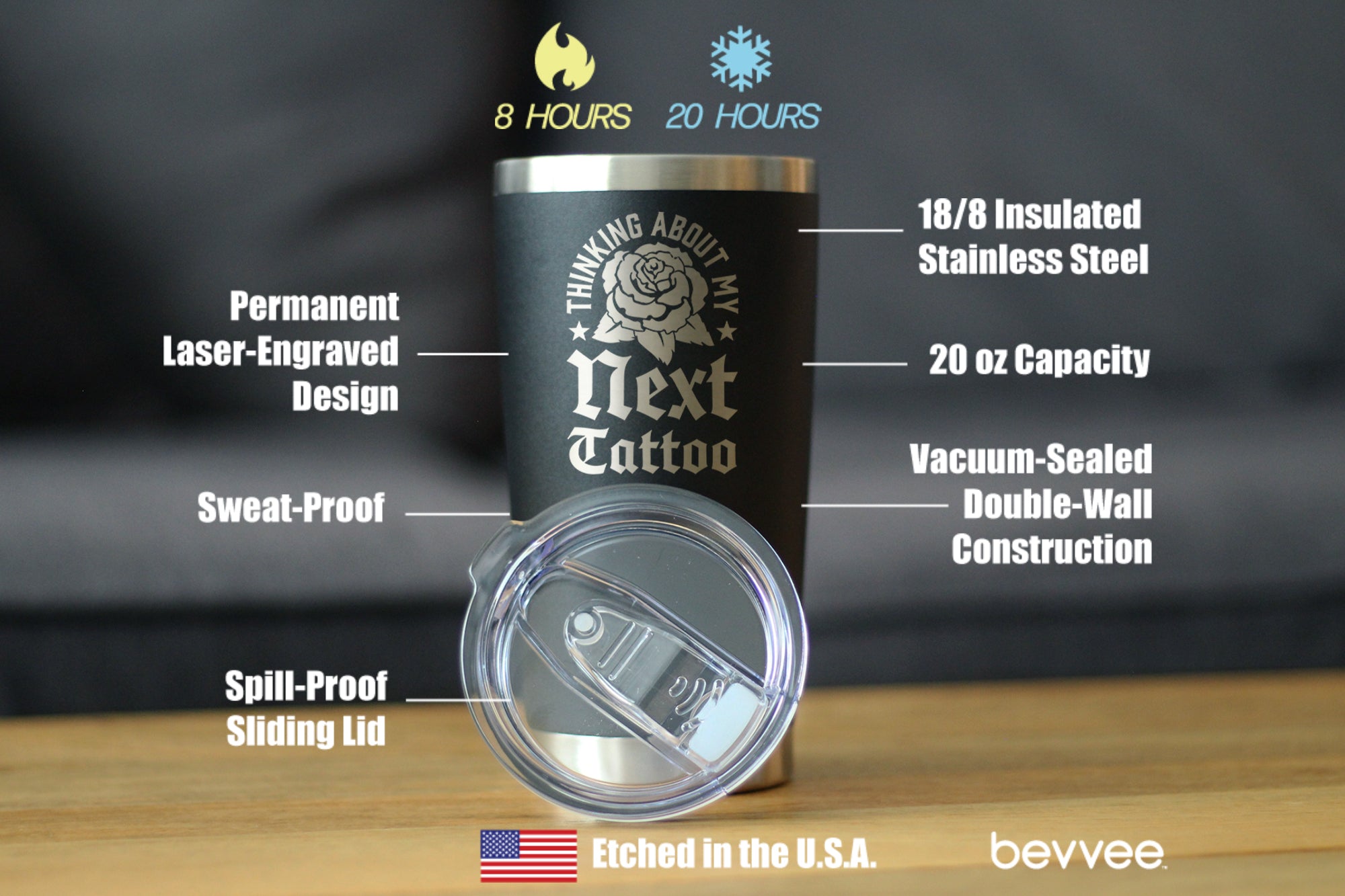 Next Tattoo Insulated Coffee Tumbler with Sliding Lid Gifts for Tattoo Artist 20oz Stainless Steel Tumbler
