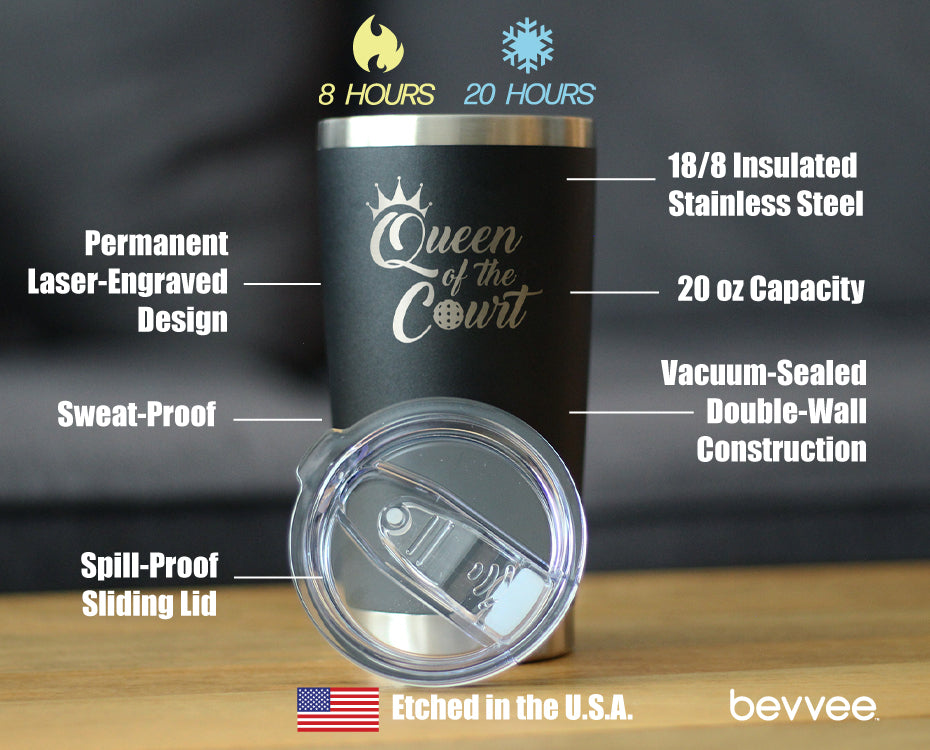 Queen Of The Court - Insulated Coffee Tumbler Cup with Sliding Lid - Stainless Steel Travel Mug - Pickleball Gifts for Women
