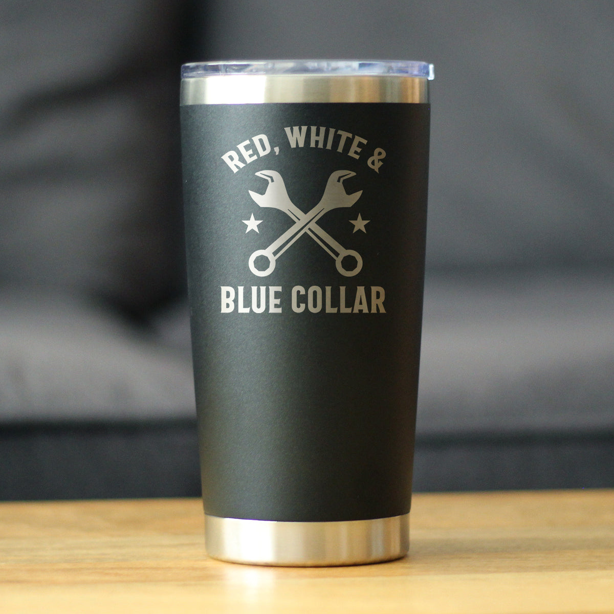 Red White &amp; Blue Collar Insulated Coffee Tumbler with Sliding Lid Gifts for Tradesmen, Manual Labor Workers 20oz Stainless Steel Tumbler