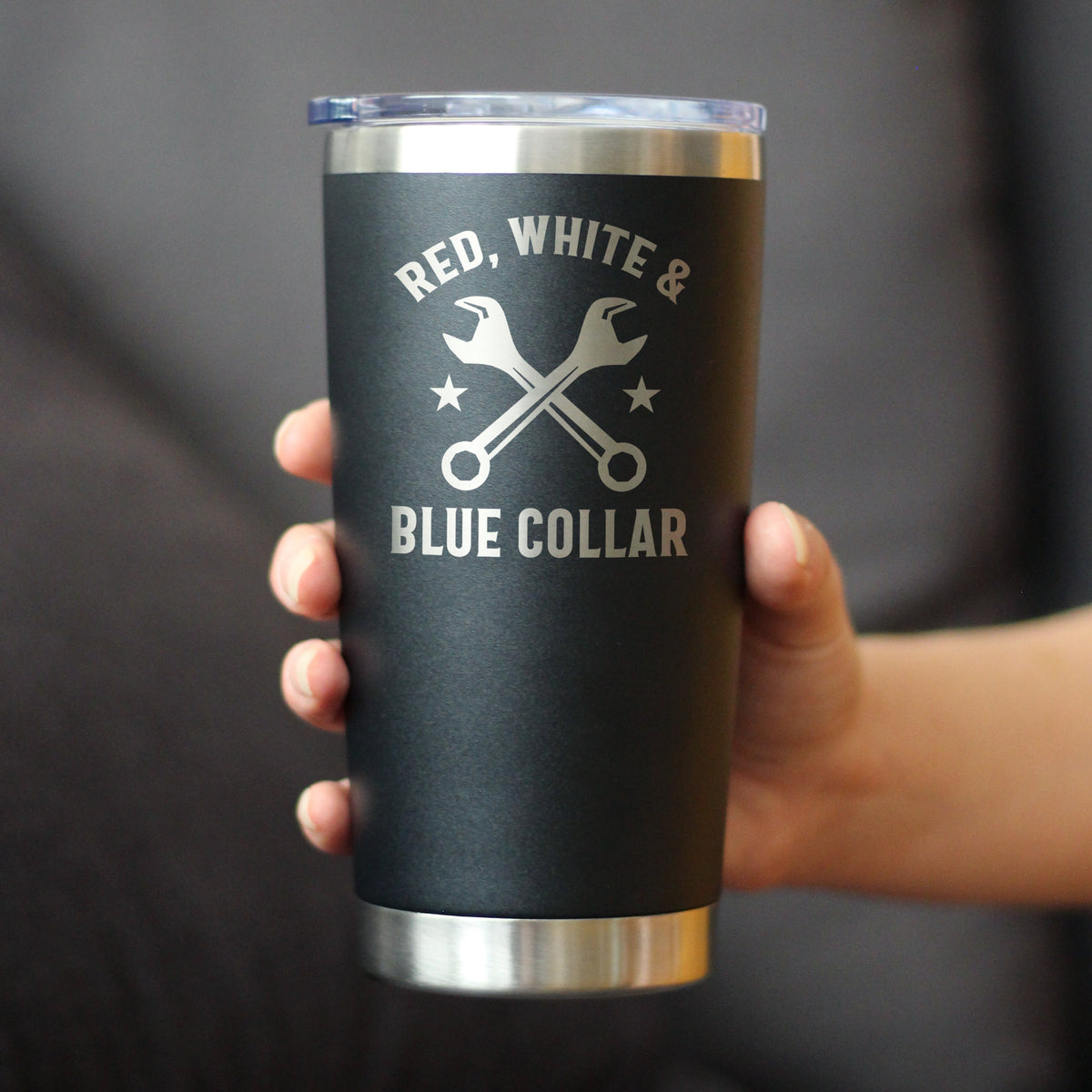 Red White &amp; Blue Collar Insulated Coffee Tumbler with Sliding Lid Gifts for Tradesmen, Manual Labor Workers 20oz Stainless Steel Tumbler
