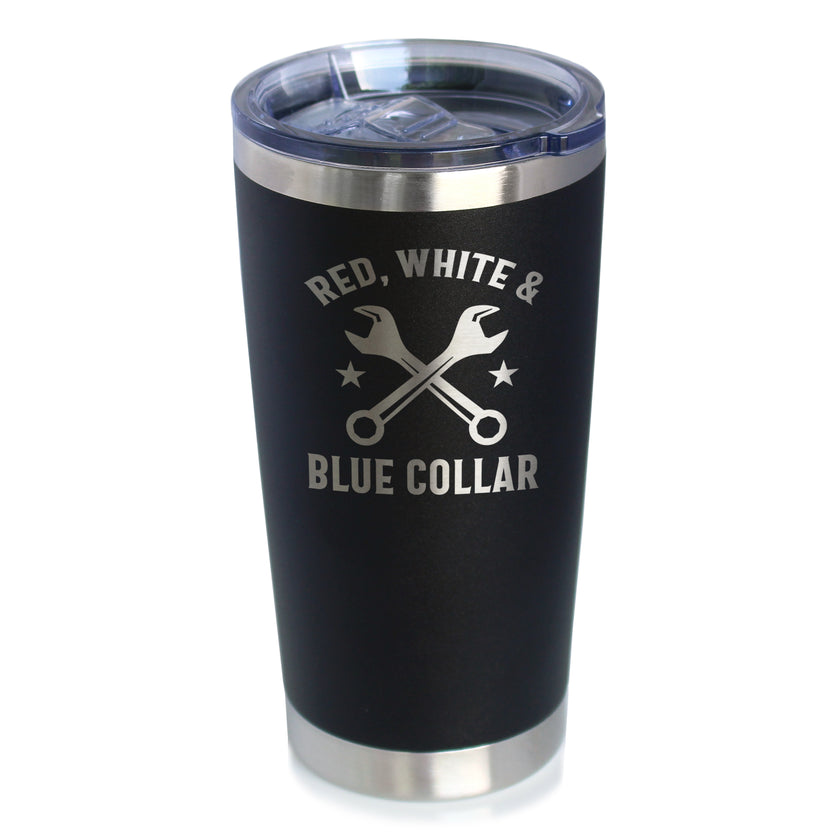 Red White & Blue Collar Insulated Coffee Tumbler with Sliding Lid Gifts for Tradesmen, Manual Labor Workers 20oz Stainless Steel Tumbler