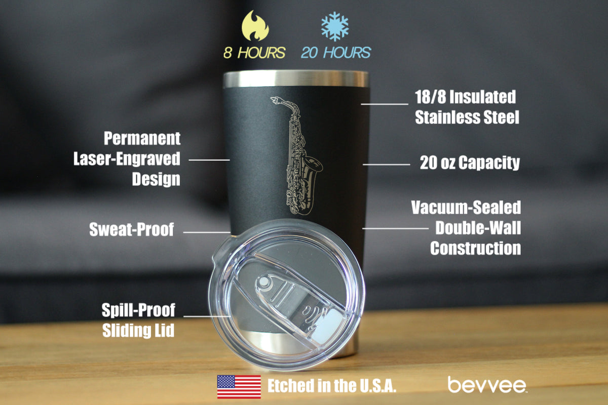 Saxophone Insulated Coffee Tumbler with Sliding Lid Gifts for Musicians 20oz Stainless Steel Tumbler