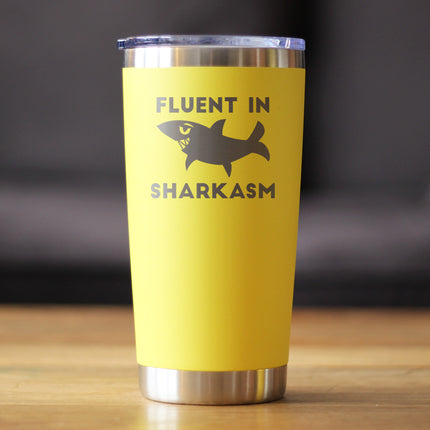 Fluent in Sharkasm - Shark Insulated Coffee Tumbler Cup with Sliding Lid - Stainless Steel Insulated Mug - Funny Cute Shark Decor Gifts