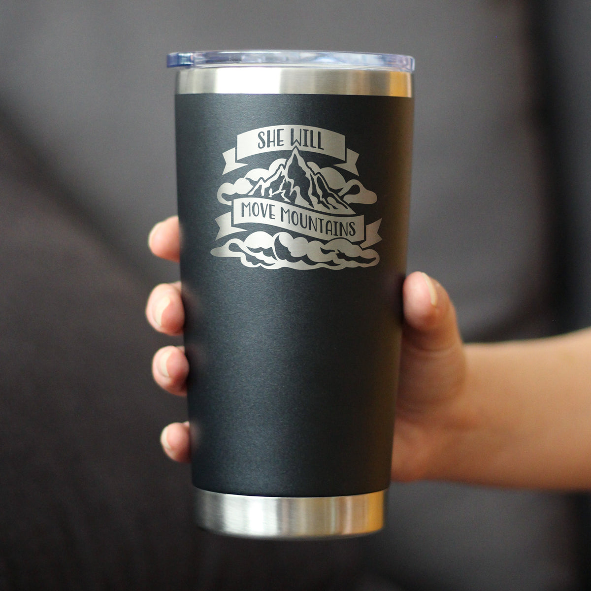 She Will Move Mountains - Insulated Coffee Tumbler Cup with Sliding Lid - Stainless Steel Insulated Mug - Motivational Inspirational Gifts for Women