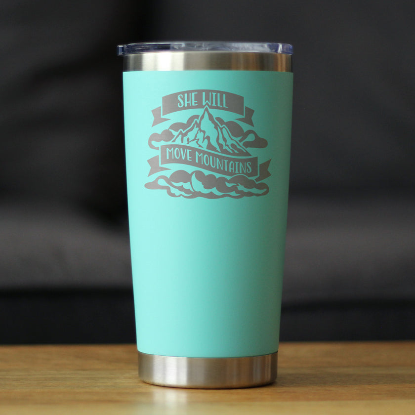 She Will Move Mountains - Insulated Coffee Tumbler Cup with Sliding Lid - Stainless Steel Insulated Mug - Motivational Inspirational Gifts for Women