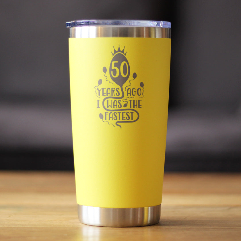 50 Years Ago I Was the Fastest - Insulated Coffee Tumbler Cup with Sliding Lid - Stainless Steel Insulated Mug - Funny 50th Birthday Gifts for Women and Men Turning 50
