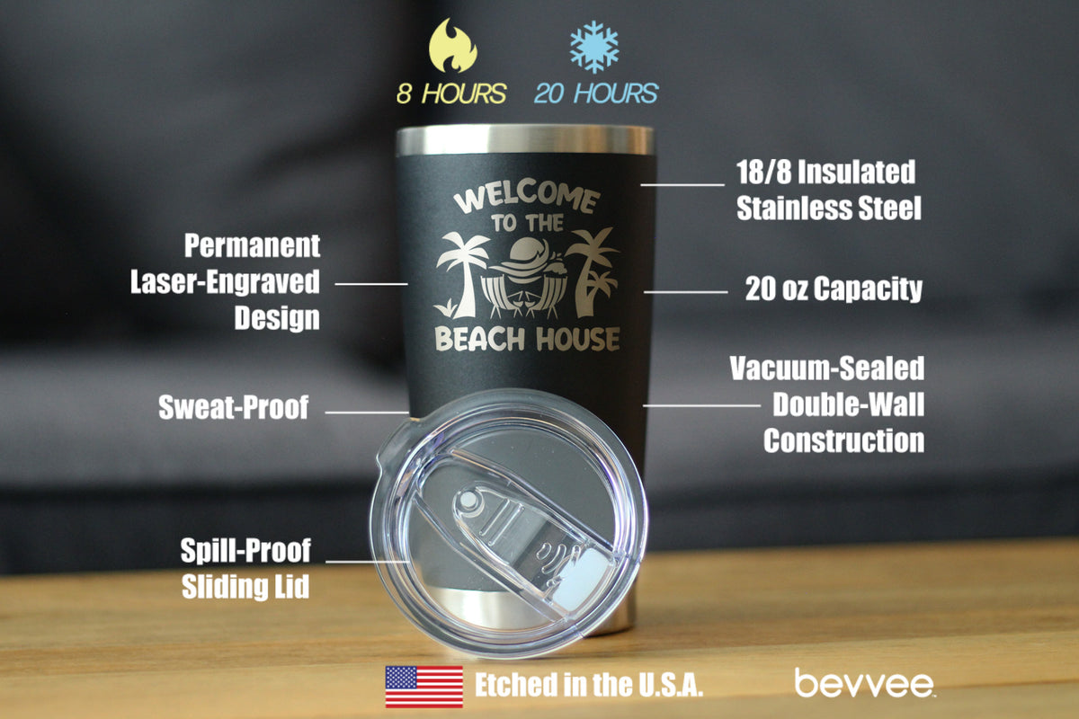 Welcome to the Beach House - Insulated Coffee Tumbler Cup with Sliding Lid - Stainless Steel Insulated Mug - Ocean Gifts &amp; Decor