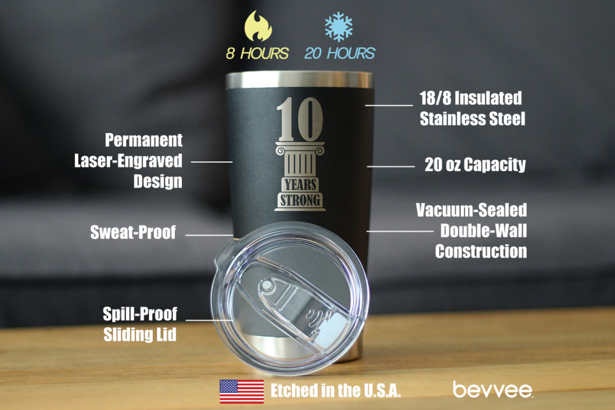 10th Anniversary Party Decor Insulated Coffee Tumbler with Sliding Lid 10 Years Strong 20oz Stainless Steel Tumbler