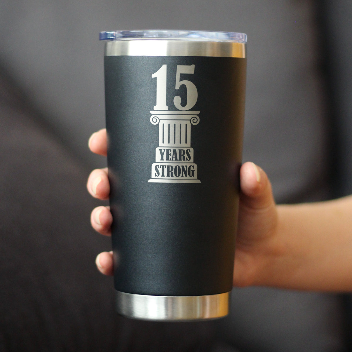 15th Anniversary Party Decor Insulated Coffee Tumbler with Sliding Lid 15 Years Strong 20oz Stainless Steel Tumbler