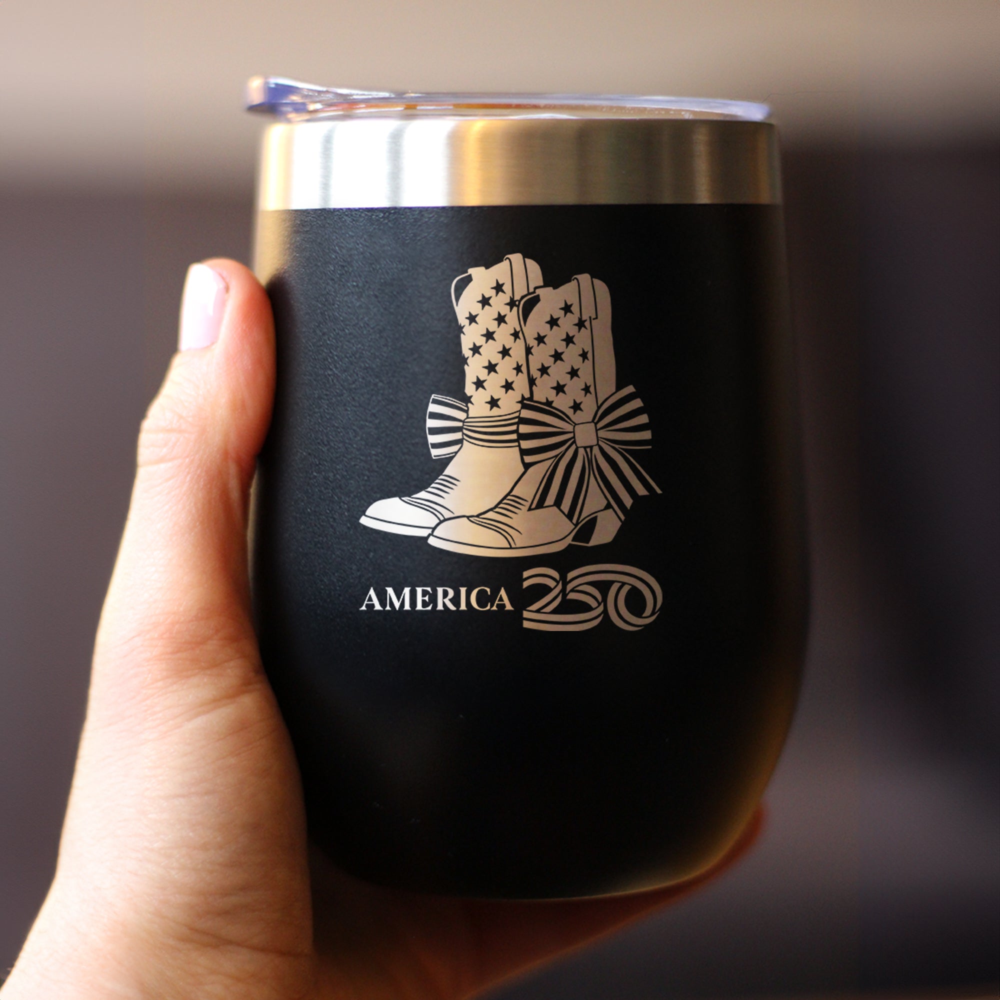 America 250 Cowgirl Boots Insulated Wine Tumbler with Sliding Lid America250 Official for 250th Anniversary of the USA 12oz Stainless Steel Tumbler