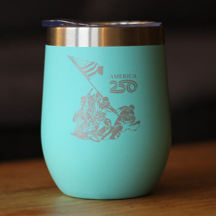 American 250 Raising the Flag on Iwo Jima Insulated Wine Tumbler with Sliding Lid America250 Official for 250th Anniversary of the USA 12oz Stainless Steel Tumbler