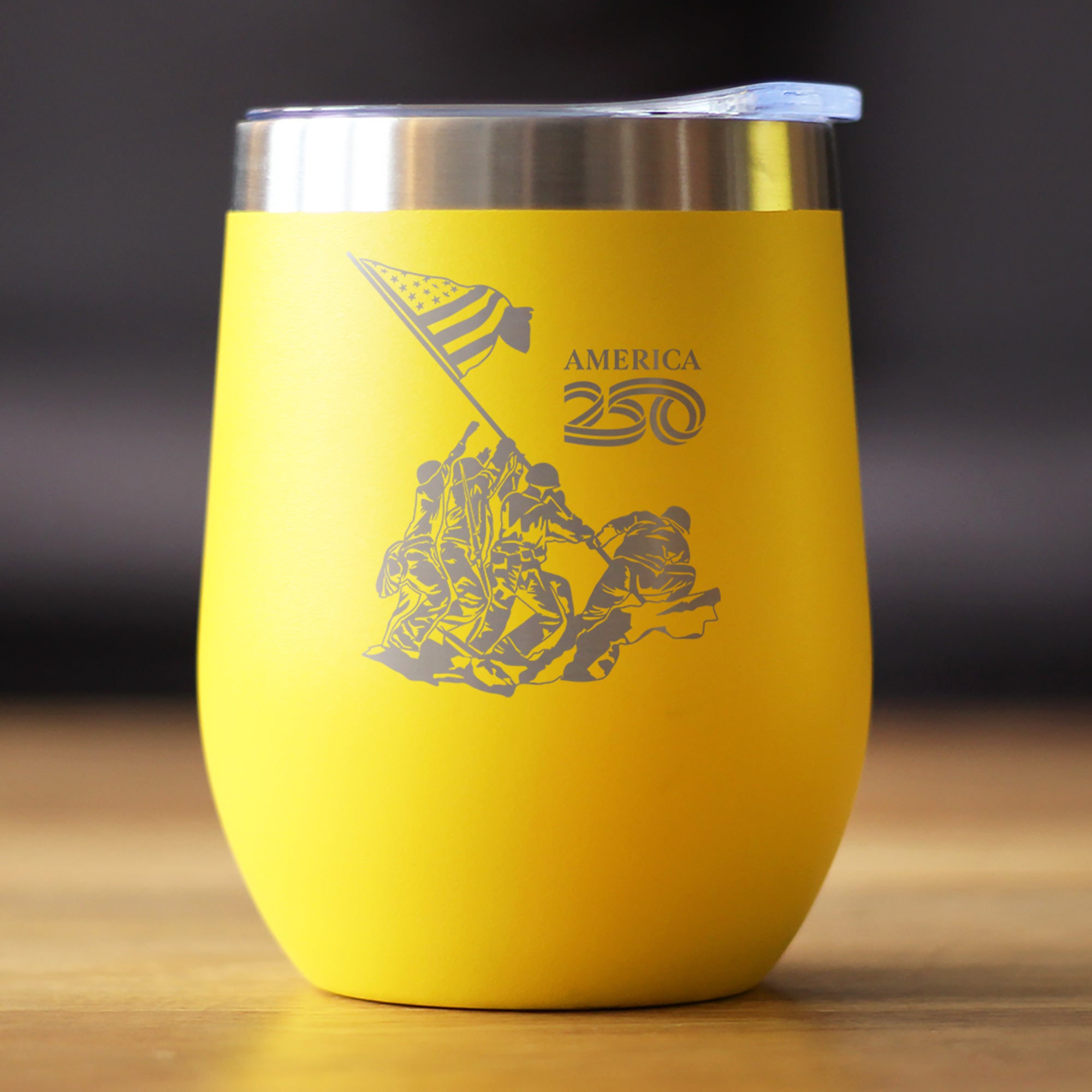 American 250 Raising the Flag on Iwo Jima Insulated Wine Tumbler with Sliding Lid America250 Official for 250th Anniversary of the USA 12oz Stainless Steel Tumbler
