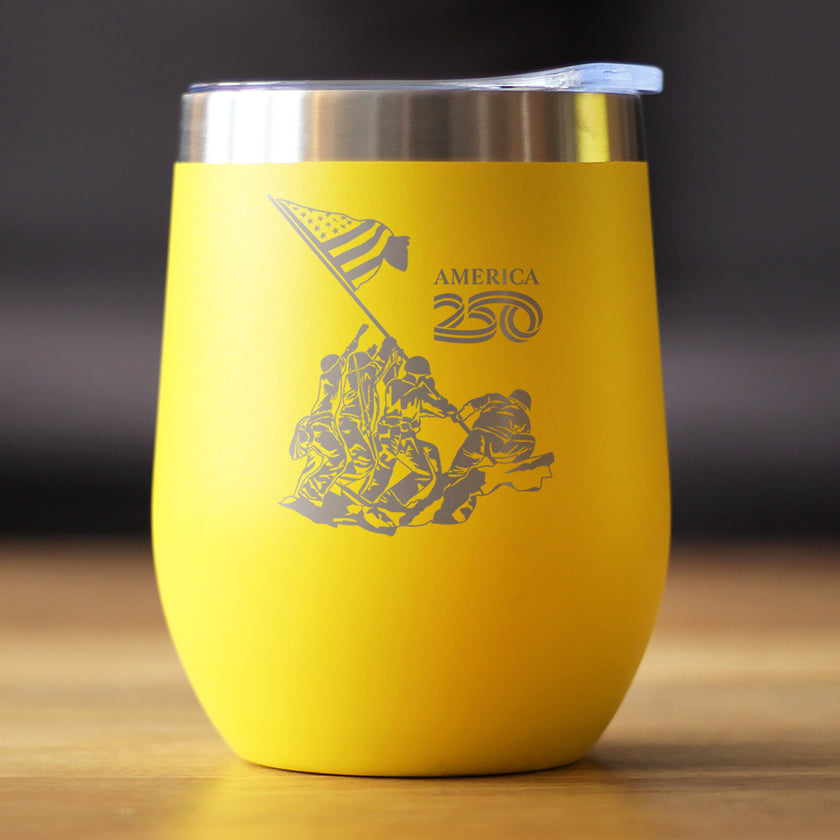 American 250 Raising the Flag on Iwo Jima Insulated Wine Tumbler with Sliding Lid America250 Official for 250th Anniversary of the USA 12oz Stainless Steel Tumbler