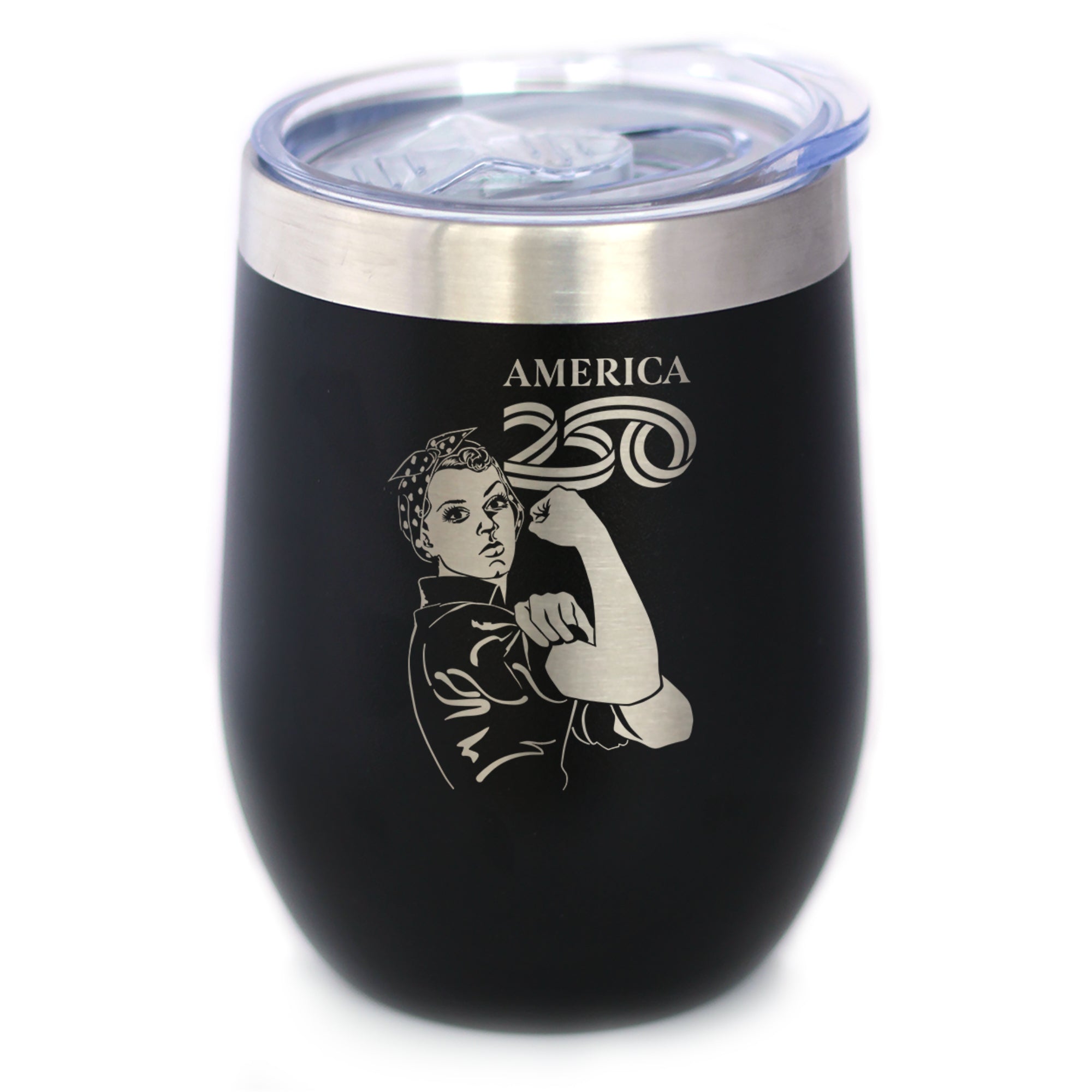 America 250 Rosie the Riveter Insulated Wine Tumbler with Sliding Lid America250 Official for 250th Anniversary of the USA 12oz Stainless Steel Tumbler