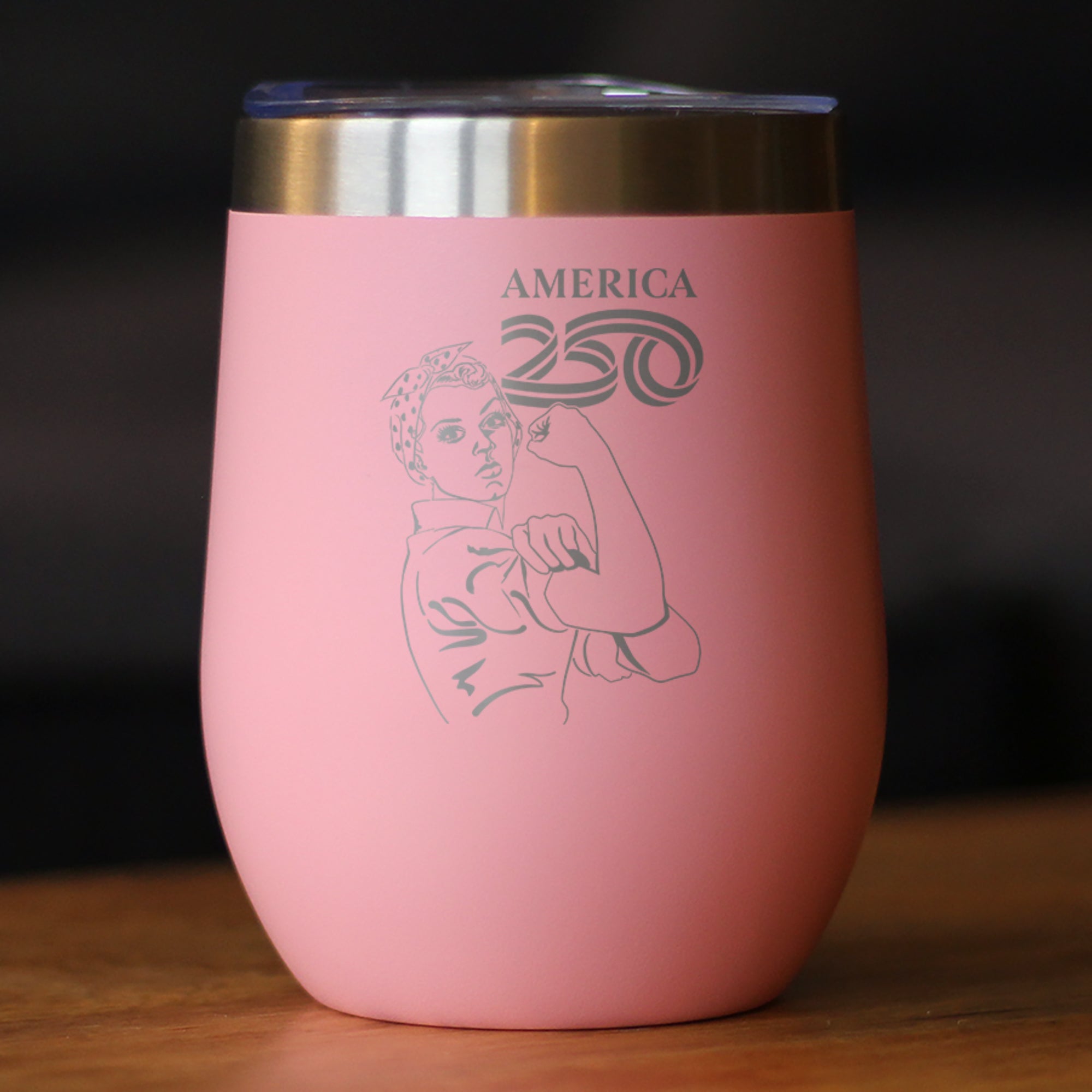 America 250 Rosie the Riveter Insulated Wine Tumbler with Sliding Lid America250 Official for 250th Anniversary of the USA 12oz Stainless Steel Tumbler