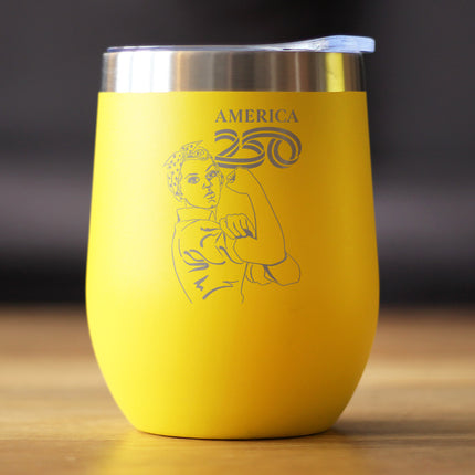 America 250 Rosie the Riveter Insulated Wine Tumbler with Sliding Lid America250 Official for 250th Anniversary of the USA 12oz Stainless Steel Tumbler