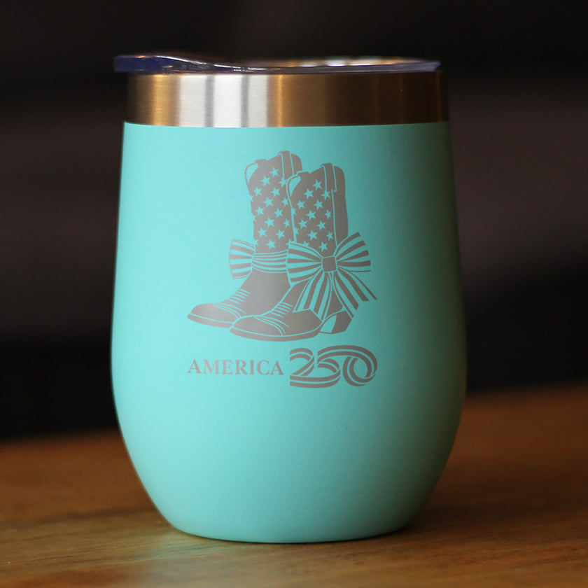 America 250 Cowgirl Boots Insulated Wine Tumbler with Sliding Lid America250 Official for 250th Anniversary of the USA 12oz Stainless Steel Tumbler