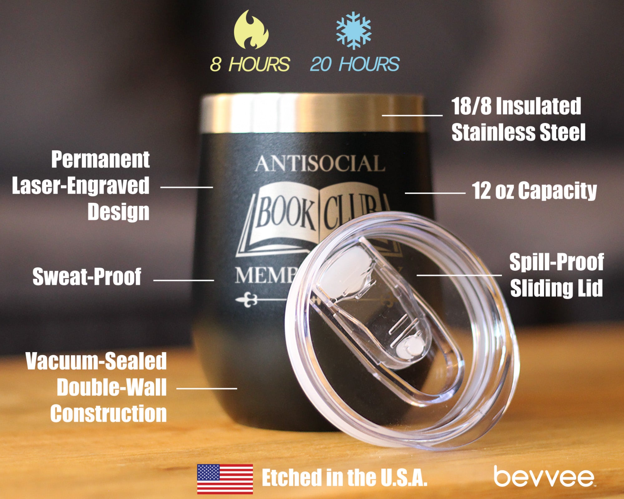 Antisocial Book Club Insulated Wine Tumbler with Sliding Lid Gifts for Exclusive Book Clubs 12oz Stainless Steel Tumbler