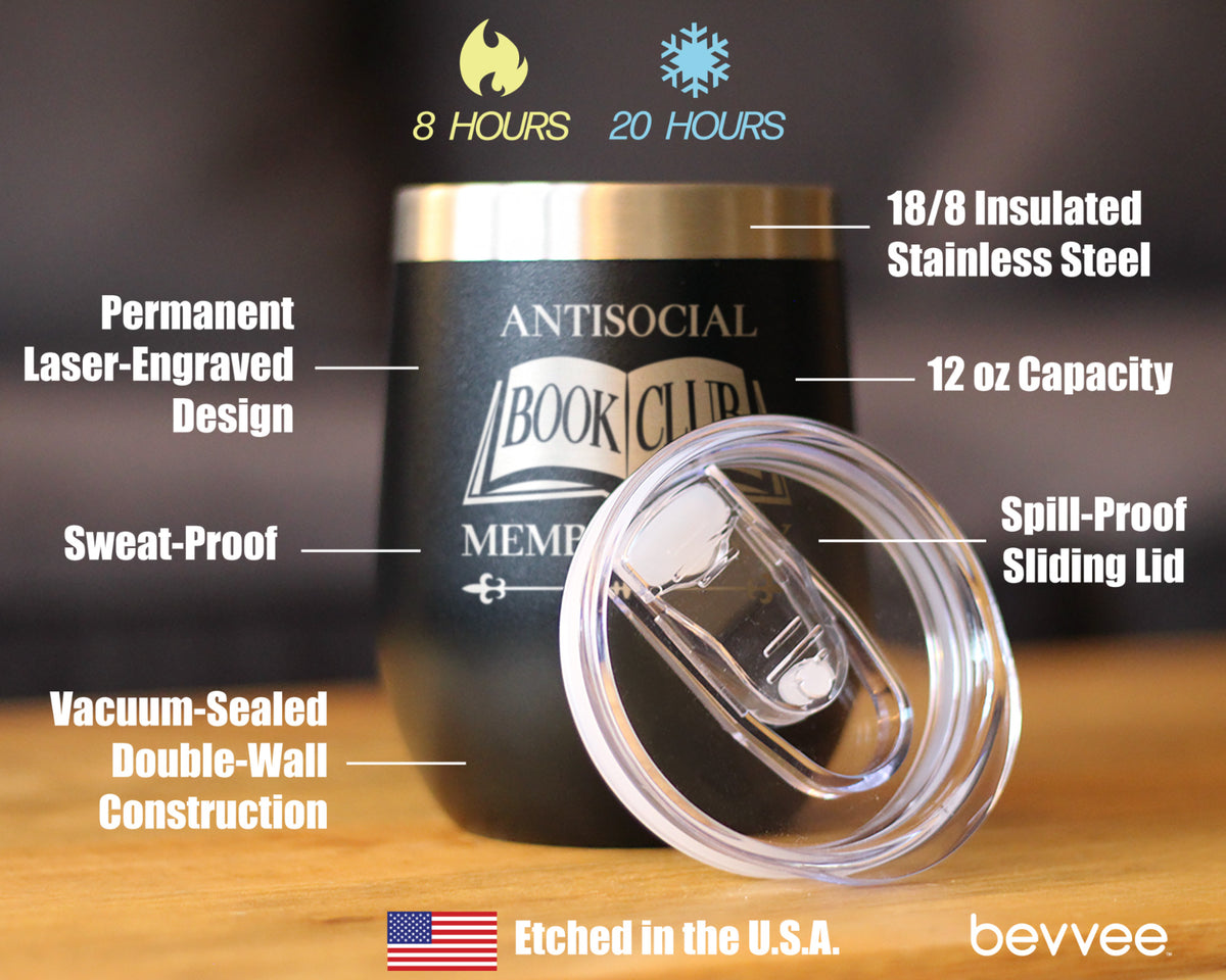 Antisocial Book Club Insulated Wine Tumbler with Sliding Lid Gifts for Exclusive Book Clubs 12oz Stainless Steel Tumbler