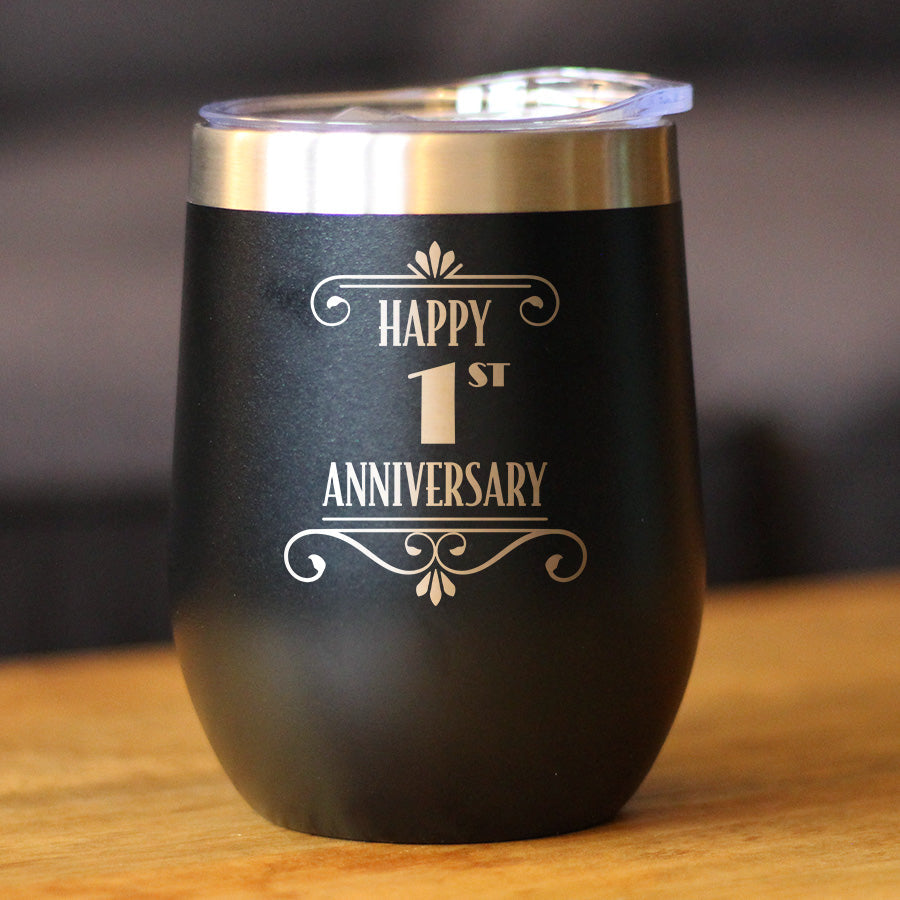Happy 1st Anniversary Gifts Insulated Wine Tumbler with Sliding Lid 1 Year Anniversary Art Deco Party Decor 12oz Stainless Steel Tumbler